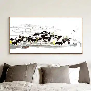 

Dropshipping Chinese Building Ink Painting Canvas Printed Watercolor Boat Landscape Wall Art Picture for Home Office Wall Decor