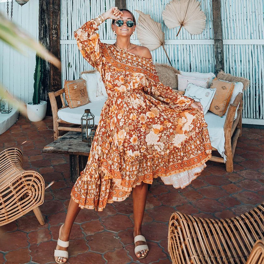 

TEELYNN boho dress orange floral print Women dress Amethyst Frill long summer dresses ruffles elastic waist Gypsy dress vestido