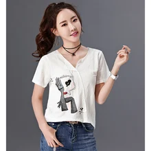 Женские летние топы тенниска с треугольным вырезом модные женские туфли Футболка Топ Femme печати хлопковая Футболка для женщин s одежда футболка femme