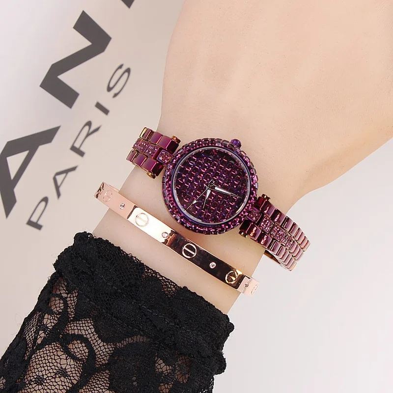 

Fashion 31MM Purple Small Dial Ladies Watch Personality Silver Rhinestone Stainless Steel Strap Quartz Women's Watch reloj mujer