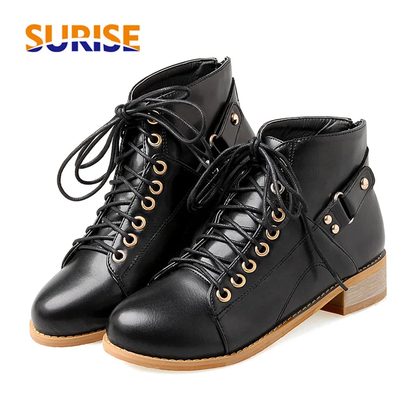 

Autumn Winter British Women Martin Boots Plush PU Leather Round Toe 4cm Block Heel Casual Lady Buckle Zipper Hiking Ankle Boots