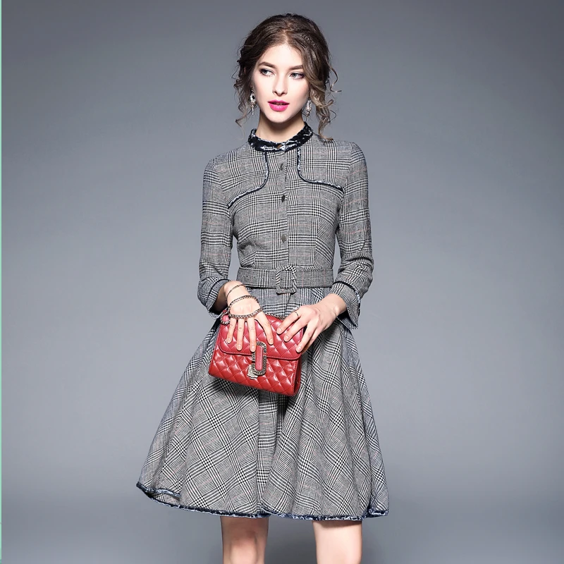 

High Quality 2018 free shipping Autumn Winter Female Dress New Fashion Long Sleeve Stand Collar Plaid Temperament Slim Dresses