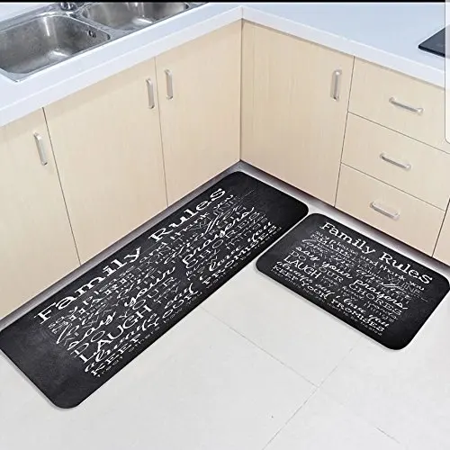 

2 Piece Kitchen Mats and Rugs Set Black and Gray Family Rules Home Deocr Non Skid Area Runner Doormats Carpet