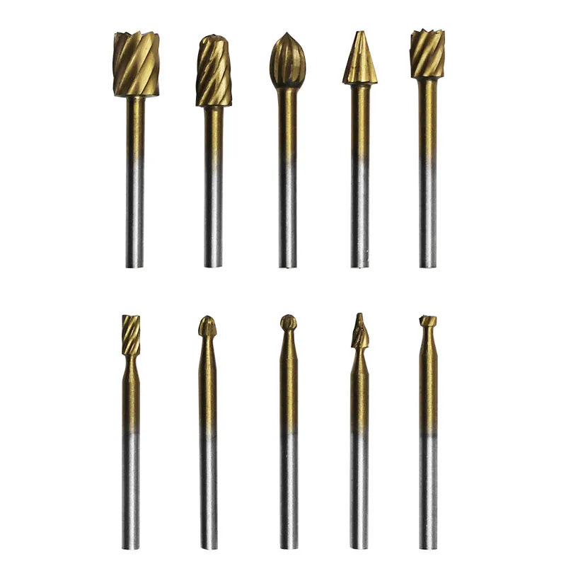 

10pcs Set HSS Titanium Routing Rotary Milling Rotary File Cutter Wood Carving Carved Knife Cutter Tools Accessories