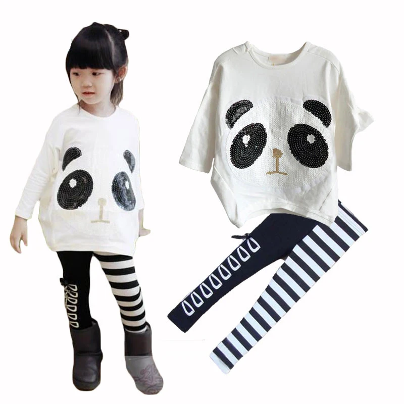 2017 Girls 2Pcs Outfits Panda Long Sleeve Tops+Striped Pants Kids Baby