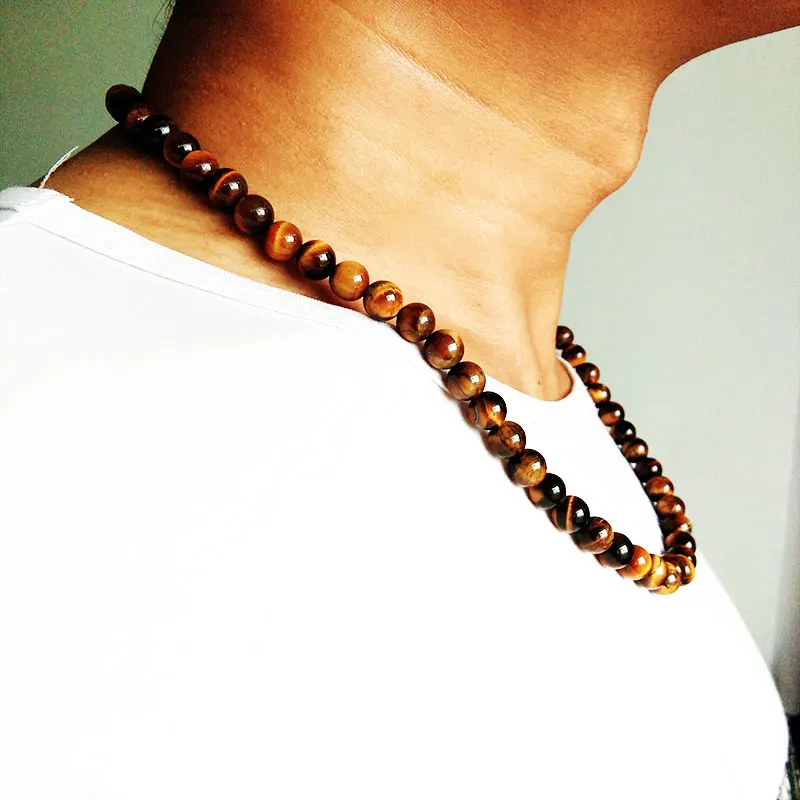 

Vintage Trendy Men Jewelry Black Matte Beads Nature Tiger eye Stone Hematite Lava Stone Beads Chain Necklace Men