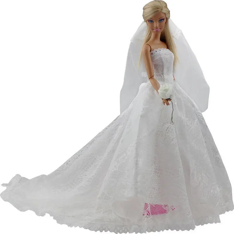 Saleaman Wedding Dress for Pretty Doll Princess Evening Party Clothes Wears Long Dress Outfit Set for Barbie Doll with Veil