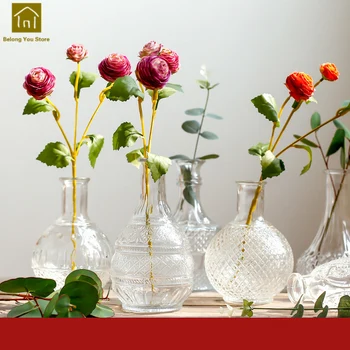 

Retro Transparent Flower Vase Glass Small Mouth Vase Terrarium Vaso Planta Hydroponic Bottle Vase Home Decoration Coffee QAB019