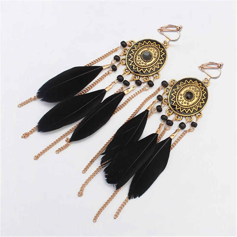 Feather Clip on Earrings Fashion Bohemian Long Tassel Enamel for Women Without Piercing Hanging Ear Clips Female Bijoux ear clip earrings clip earrings ear clip ear accessories