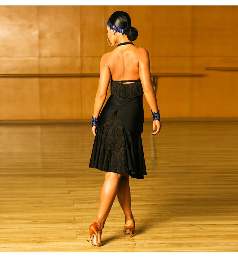 Черное платье для латинских танцев Женская Высококачественная бахрома для сальсы самба румба Одежда для танцев без рукавов с кисточками одежда для бальных танцев DC1049
