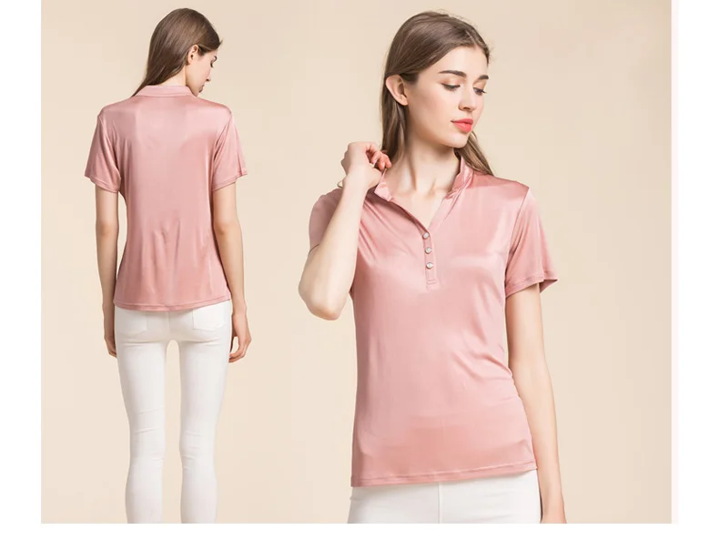 Женская футболка, натуральный шелк, Базовая рубашка, короткая, стоячая шея, джемпер,, осень, новинка, белый, черный, плюс размер, топы