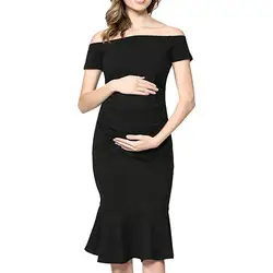 Платье Для женщин беременности и родам Pregnanty с открытыми плечами с коротким рукавом и оборками летнее однотонное платье для беременных