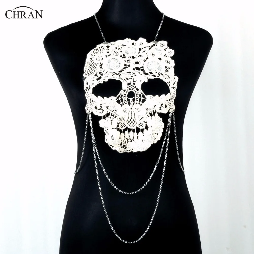 

Chran Hand Dyed Black Skeleton Lace Choker White Detachable Tattoo Collar Necklace Sexy Bone Skull Beach Chain Costume Jewelry