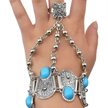 Богемный Серебряная монета очарование раб Браслеты& браслеты для Для женщин синий драгоценный камень браслет, соединенный с кольцом на пальце Gypsy этнический ювелирные изделия Турции