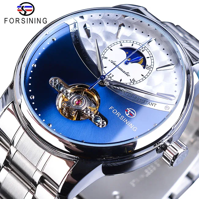 Forsining Blue Moon Phase автоматические мужские часы, деловые часы, повседневные, стальной ремешок, водонепроницаемые, спортивные, механические, Relogio Masculino - Цвет: S1150-10