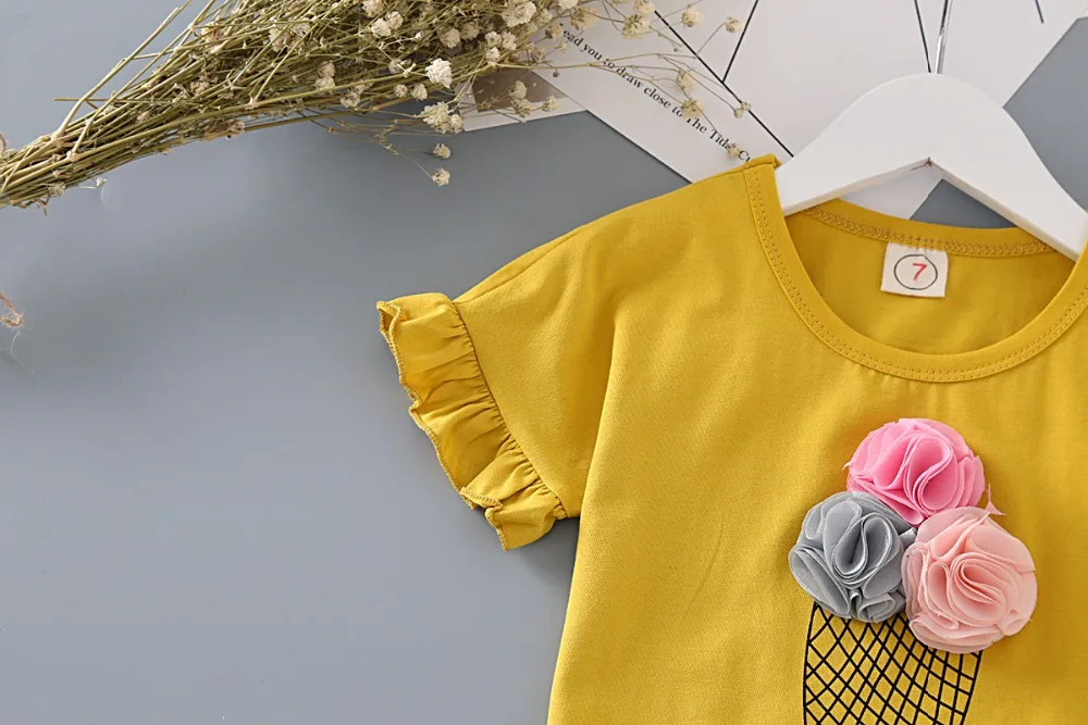 Комплект одежды для девочек, модная желтая рубашка с мороженым и клетчатые штаны комплект детской одежды из 2 предметов, милый комплект, детский летний наряд