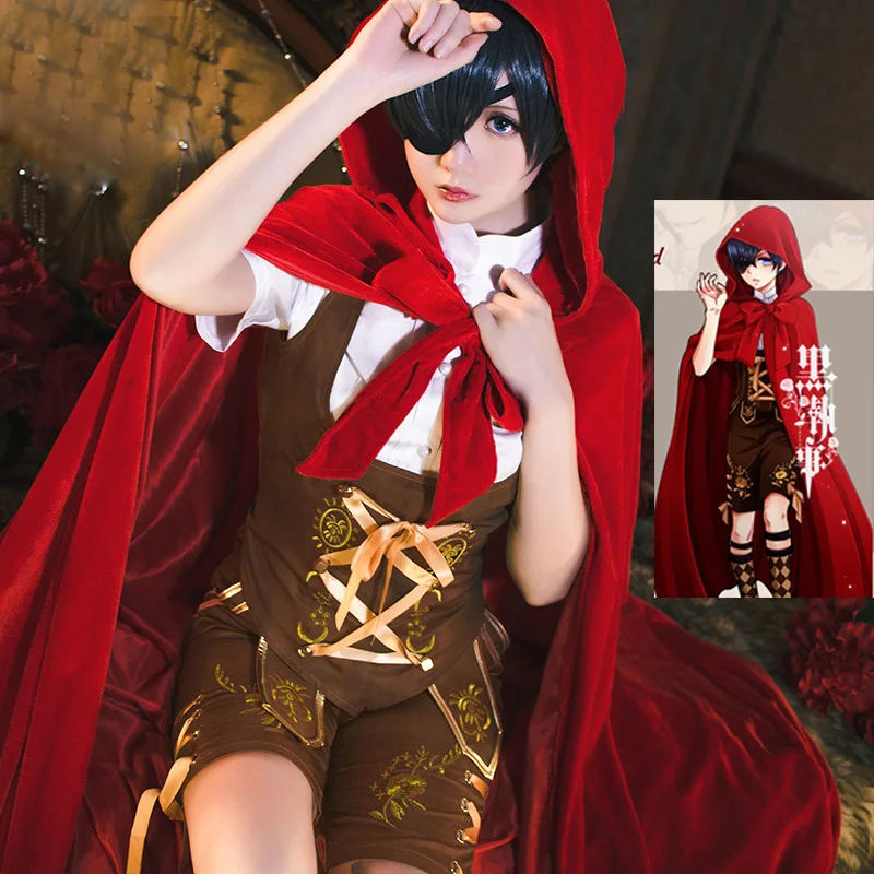 

2019 Cosplay Costume Black Butler Cos Ciel Phantomhive Red Uniform Set with Red Cloak for Women Girl Halloween Christmas Party