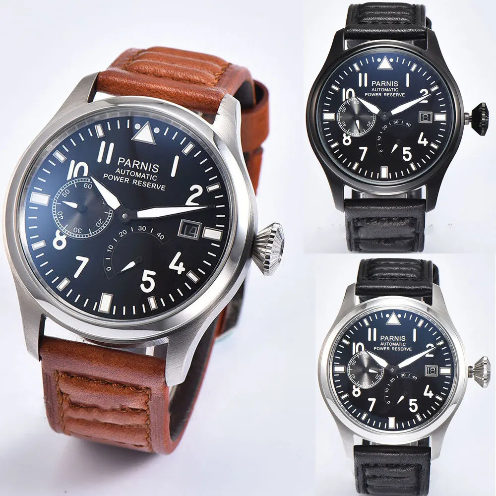 

47mm Parnis Men's watch power reserve black dial white marks luminous ST2530 Automatic movement wrist watch 562