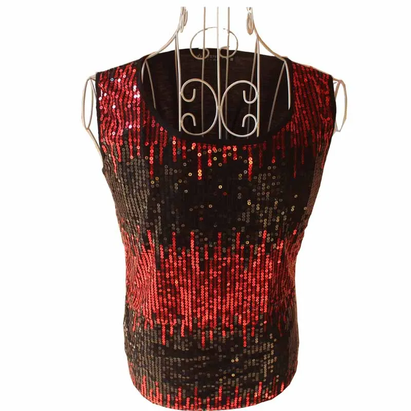 New Jazz Dance Harem Tops For Men Rock Bar Dj Dancers Stage Original Singer Hip Hop T-shirt Sequin Hairstylist Vest BD119 - Color: Red Tops