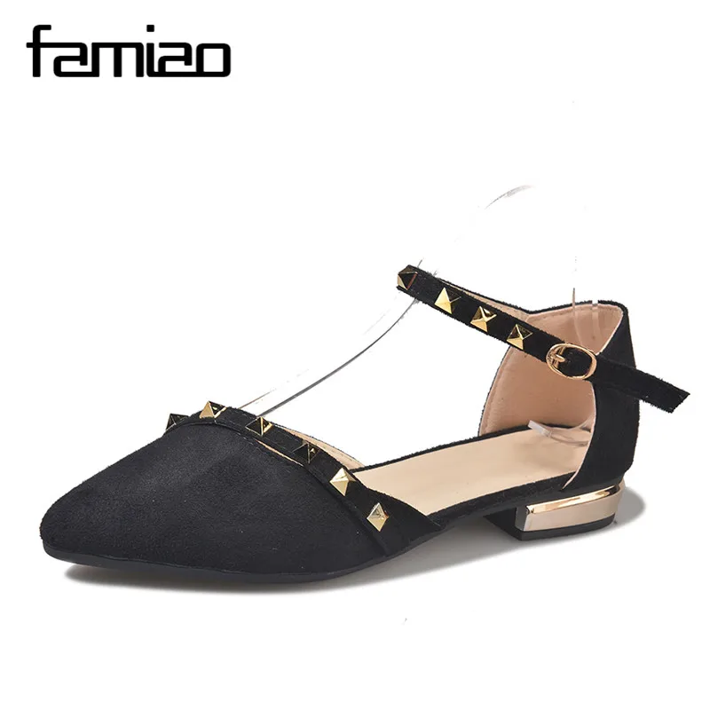 FAMIAO Women Rivet Flats Shoes Metal Ankle Strap Women Point Toe Rivets