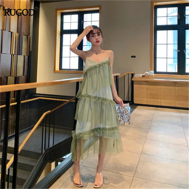 

RUGOD 2019 korea summer women super fairy green super fairy dresses with linning spaghetti strap sleeveless vestidos vintage