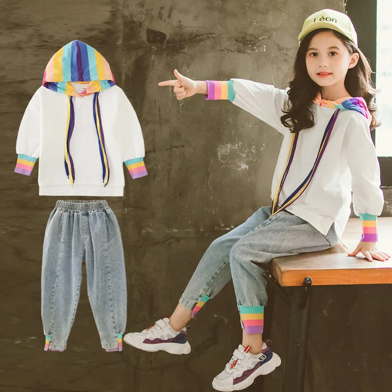 

2019 School Girls Clothes Set autumn hooded/Pullover Sweatshirt + jeans Children's Clothing Kids Sports Suit Tracksuit 8 9 10 12