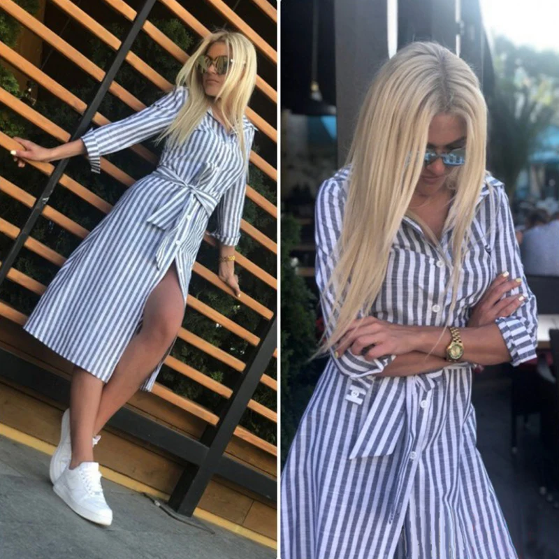 

Women Vintage Sashes Blue Striped A-line Party Dress Three Quarter Sleeve Turn Down Collar Casual Dress 2019 Summer Women Dress