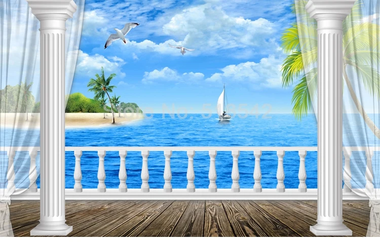 Пользовательские Настенные обои Живопись 3D HD вид на море балкон римская колонна Современная гостиная диван ТВ фон стены фото обои