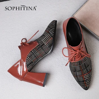 

SOPHITINA New Women's Pumps High Square Heel Cow Leather Sexy Pointed Toe Lace-Up Casual Shoes Fashion Ankle Strap Pumps MO31