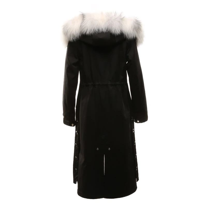 Женские зимние длинные парки куртка лиса меховой воротник съемный мех кролика подкладка с капюшоном черный цвет ткани 17013