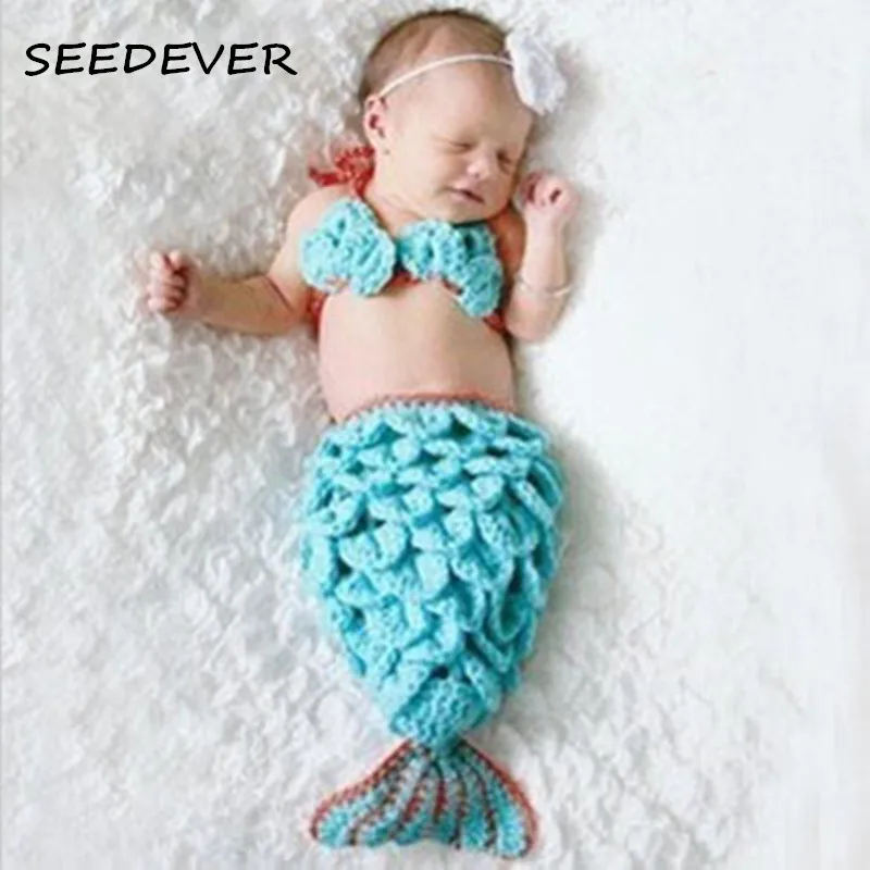 

Newborn baby photography props Mermaid Princess Bikini Hand crochet sweater baby costume blue Mermaid tail newborn fotografia