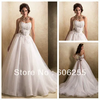 Ivory Organza Lace Handmade Flowers Floor Length Ball Gown Corset Top Wedding Dress 2013 | Свадьбы и торжества