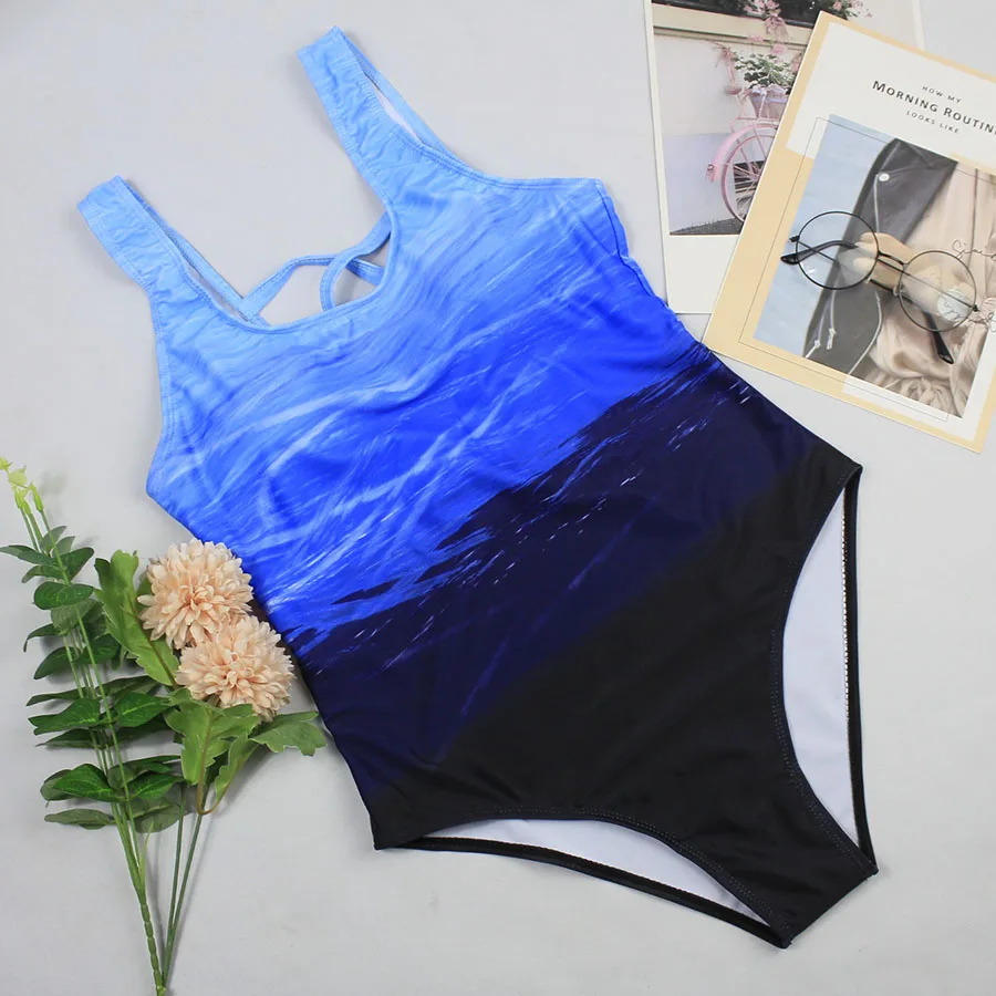 Blue Gradient One Piece Swimsuit Women Vintage Swimwear Criss Cross Back Monokini Blue Bath Suit Beach Wear Maillot De Bain - Цвет: Blue
