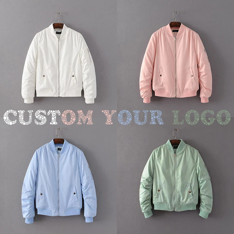 

Custom Logo Black Burgundy White Pink Girls Bomber Jacket Women Quilted Pilot Coat Embroidery Print