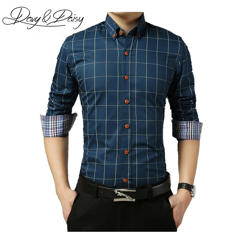 Acheter DAVYDAISY Hommes Chemises À Carreaux Printemps Robe Sociale Slim Fit Turn Down Collar Marque Formelle D affaires Manches Longues Chemises Camisas DS 035
