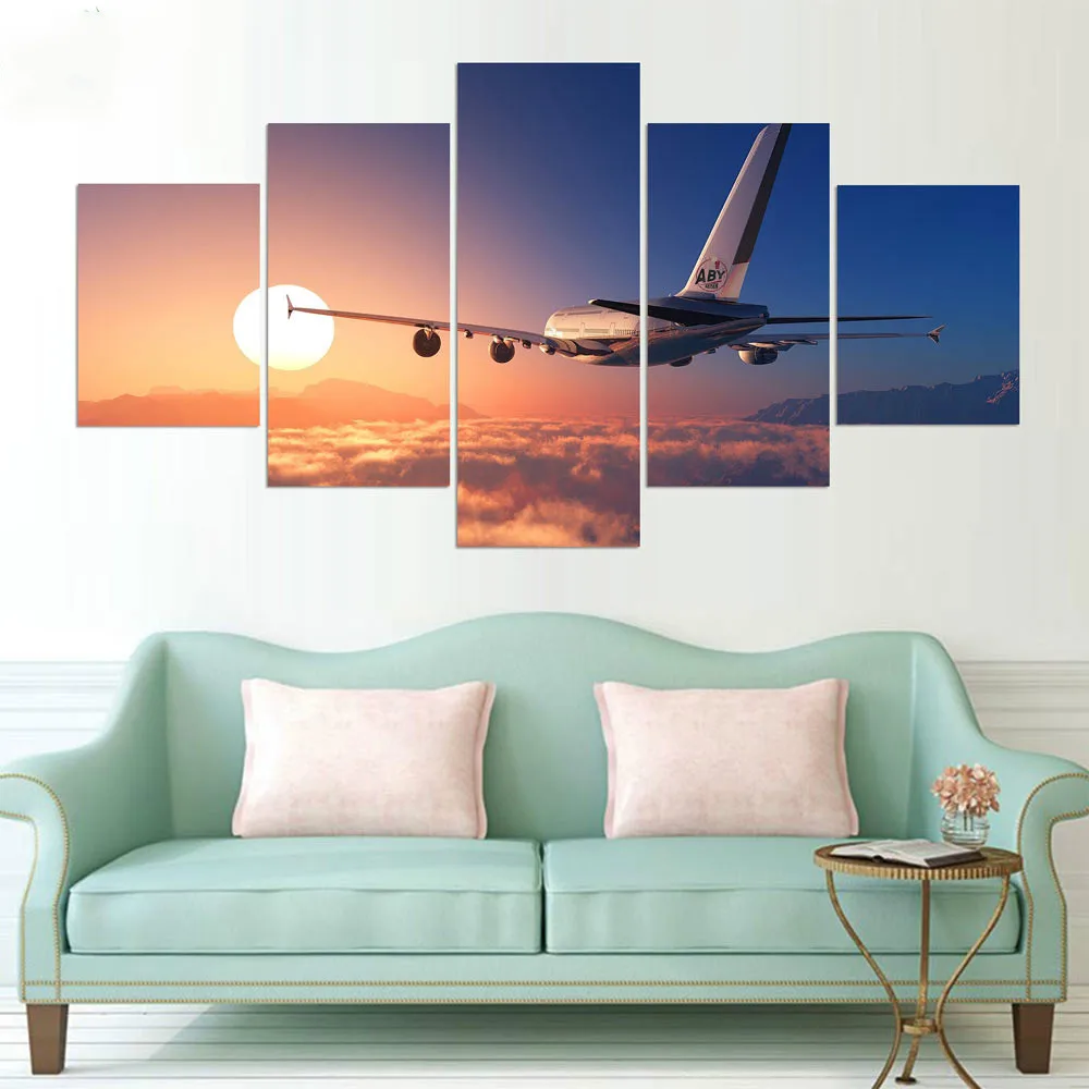 

Canvas Print Wall Art HD Framework 5 PiecesSet Plane Flying Above The Clouds Home Decor Paintings Modern Modular Pictures