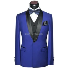 Royal Blue Wedding Men Suits 2018 Shawl Lapel Slim Fit Three Piece Jacket Black Pants Vest Latest Design Groom Tuxedos