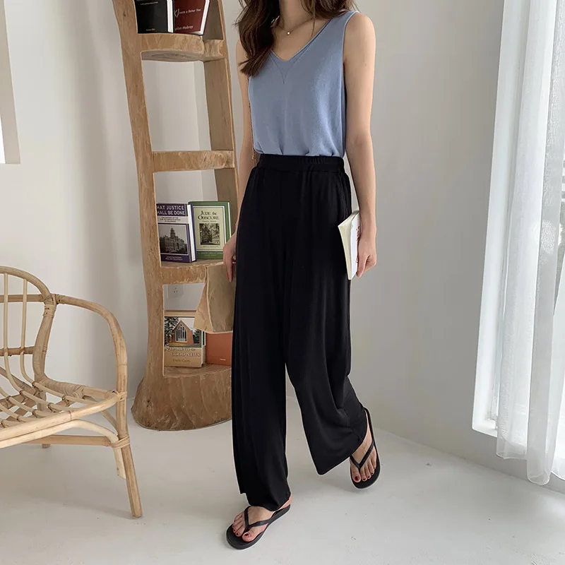 2019 Autumn Wide Leg Pants Black High Waist Elastic Loose Casual Full Length Womens Clothing Pants Women New trousers K81280 2019 Autumn Wide Leg Pants Black High Waist Elastic Loose Casual Full Length Womens Clothing Pants Women New trousers K81280