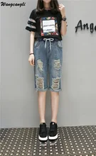 Wangcangli Summer Knee Length in Women Jeans Short Feminino Plus Size High Waist Denim Casual Jeans Hole Womens Blue Pants 5XL