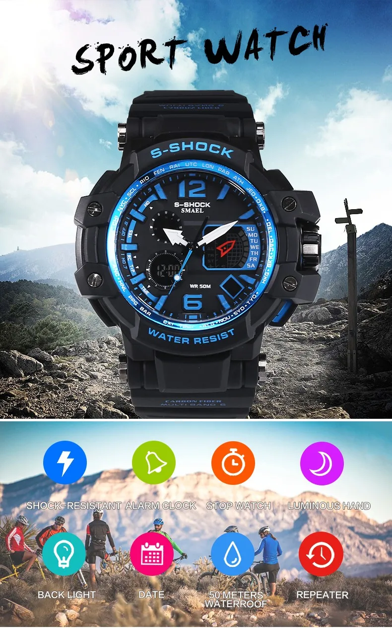 Модные цифровые часы S-Shock Для мужчин светодиодный спортивные WatchesOutdoor Водонепроницаемый восхождение резиновая Армии Г Стиль военные часы