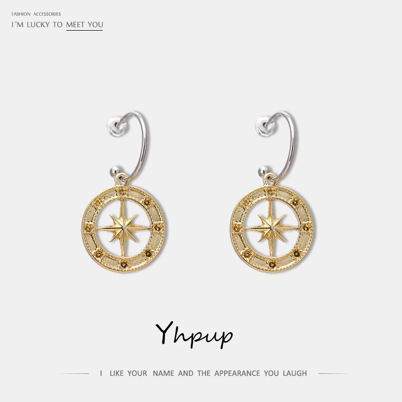 

Yhpup Trendy Vintage Eight-pointed Star Luck Earrings Copper Geometric Round Gold Earrings for Women Party Jewelry kolczyki S925