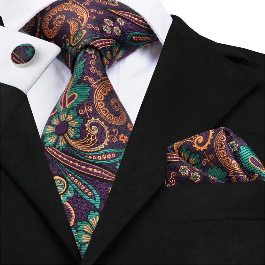 SN 1664 Hi Tie Purple Paisley Tie Hanky Cufflinks Set 2017 Fashion ...