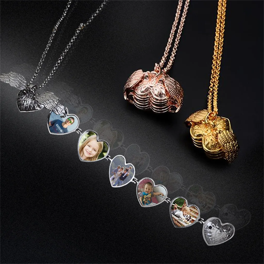 

Angle Wings Photo Box Necklace Heart Shaped Foldable Multi Layer Necklace Can hold 5 Photos New Fashion Gift For Friend z0528