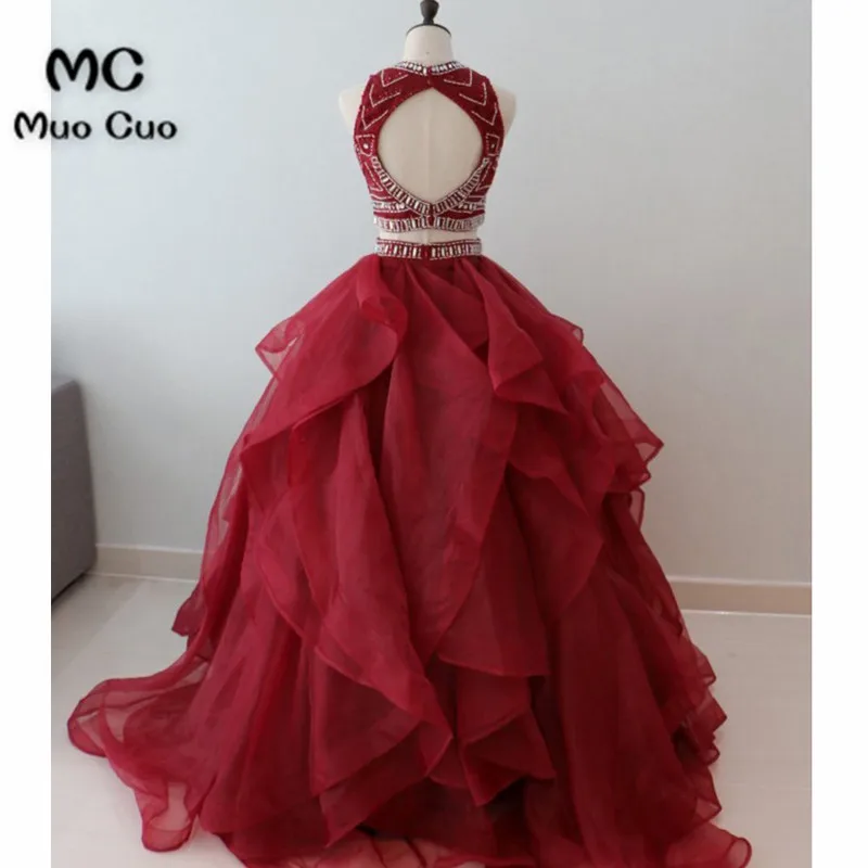 Stylish burgundy organza two pieces long ruffles beaded prom gown, long open back shinning evening dresses4