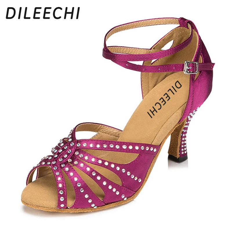 

DILEECHI hot drilling Blue Purple satin Women's Latin dance shoes Ballroom dance shoes Party Square dance shoes 7.5cm high heel