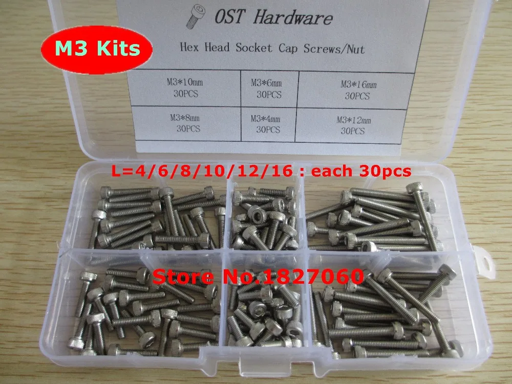 180pcs M3 Screw Kits DIN912 Allen Bolts Hex Socket Head Cap Screw
