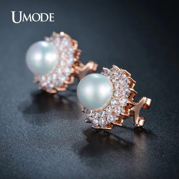 UMODE Noble Shaped Synthetic Pearl Earrings French Clip Stud Earrings Semi Joias New Rose Gold Color Jewelry Aretes UE0161A