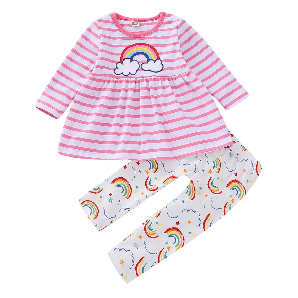 

Top Selling Fashion Baby Girls Clothes Children Cartoon Rainbow Shirt Tops Dresses+Pants Leggings Outfits Set Outfits Clothes