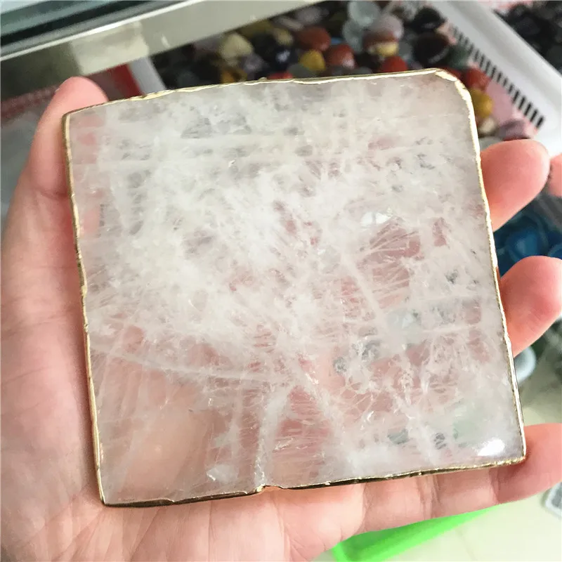 

Natural Rose Crystal Coaster Square Cup Mat Quartz Table Onyx Mat Coasters for Drinks Gift Polished Mineral
