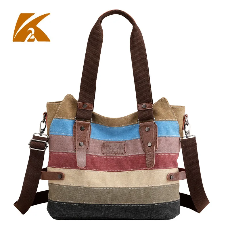 

KVKY 2019 Women Top-handle Bags Handbags Woman Canvas Handbag Female Striped Shoulder Bag Ladies Casual Work Tote Hand Bags